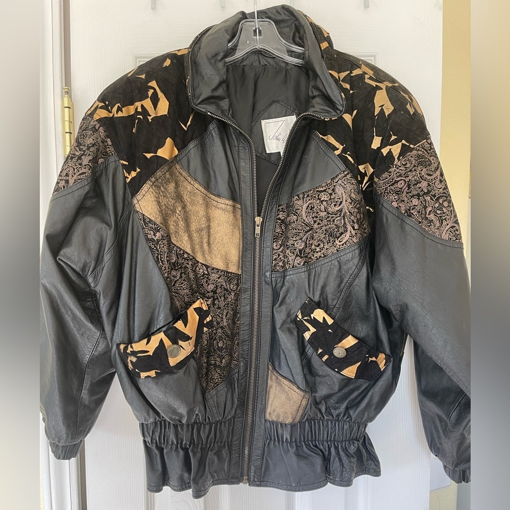80s Patchwork Leather Jacket Black Oversized Women Size Medium Mixed Patterns